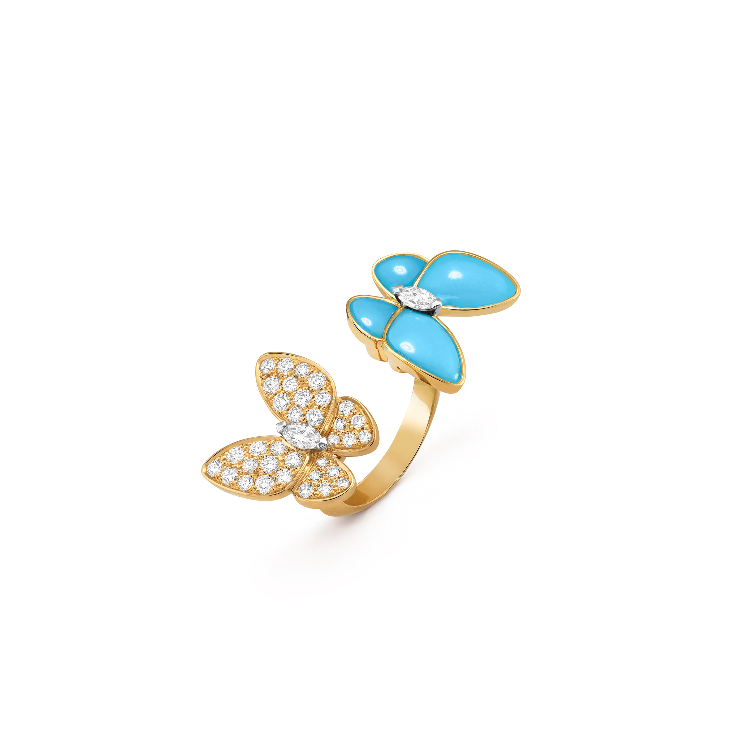 VAN CLEEF ARPELS TWO BUTTERFLY BETWEEN THE FINGER RING - YELLOW GOLD, DIAMOND, TURQUOISE  VCARP7UZ00